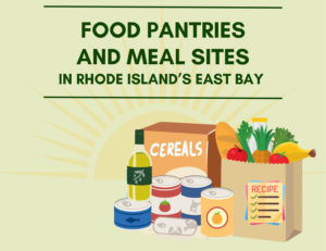 Image  of grocery bags with the text "food pantries and meal sites in Rhode Island's East Bay"